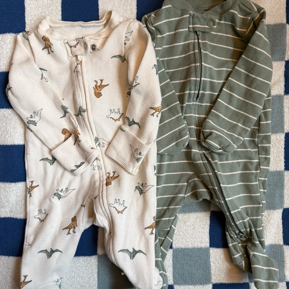 Carter's Cream Dinosaur Print & Olive Green Stripe Footed One-Pieces - 2 Pack